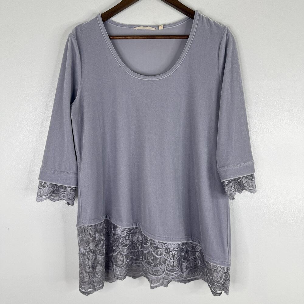Soft Surroundings Top Velvet Lace M Gray Hem Cuff 3/4 Sleeve Tunic Blouse